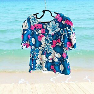 Hawaiian Vintage Handmade Blue Tropical Floral Top Barkcloth Look